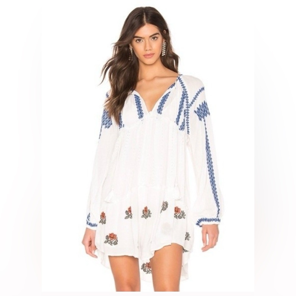 Free People Ivory Embroidered Floral Wild Horses Mini Dress/tunic Boho Size XS